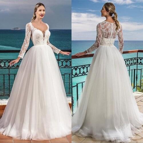 New Arrival Square Collar Beading Applique Lace Long Sleeve Wedding Dress 2021 Tulle Skirt Bridal Gowns