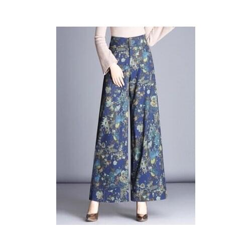 Fall Spring Fashion Womens High Waisted Floral Printed Clothing Wide Leg Trousers , Autumn Winter Woman Female Flower Pants