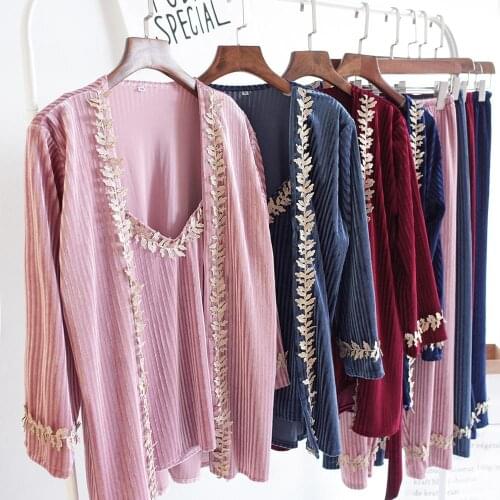 Autumn And Winter Pajama GirlS Pink Warm Velvet Web Celebrity Pajama Three-Piece Set With Suspenders And Trousers Wedding