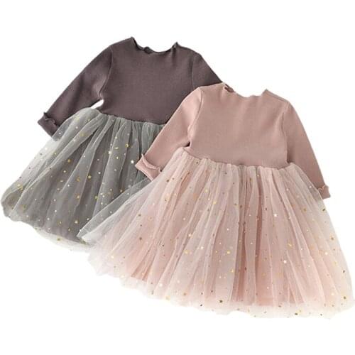 0-3T Baby Girls Dress Round Neck Long Sleeve Tulle Dress for Sweet Cute Kids Infant Toddler Newborn Birthday Party Photography
