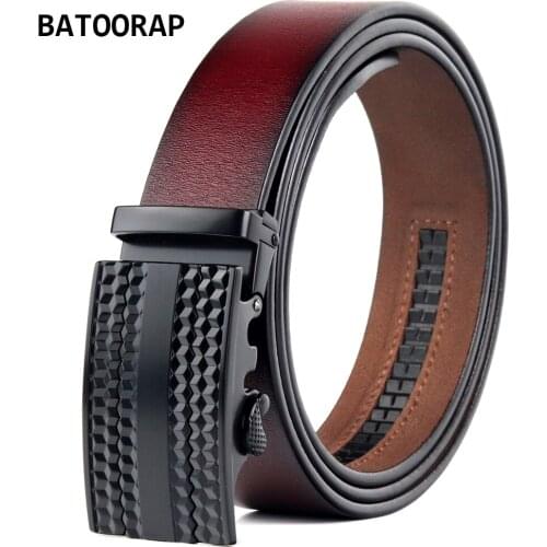 BATOORAP Brand Designer Belt For Men Black Buckle Metal Wine Red Cowhide Waist Strap Male Fashion Vintage Leather Trouser Belt
