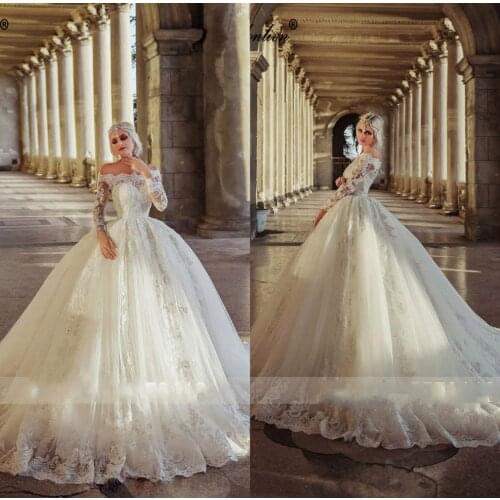 Luxury Arabic Long Sleeves Puffy Ball Gown Wedding Dresses Sweep Train Off The Shoulder 2020 Country Wedding Gowns