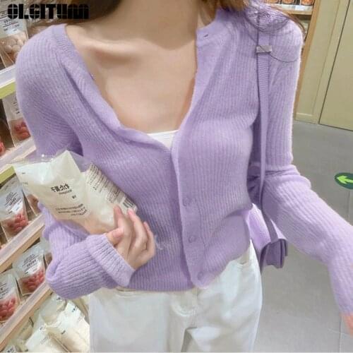 Sweet Taro Lavender Purple Pure Color Cardigan Women Knitted Sweater Thin V-Neck Top Women Loose Wear Thin Sunscreen Cardigan