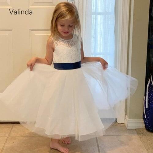 Tulle Lace Flower Girl Dresses with Dark Blue Bow Sash Little Princess Baby Toddler First Communion Dress for Birthday Party