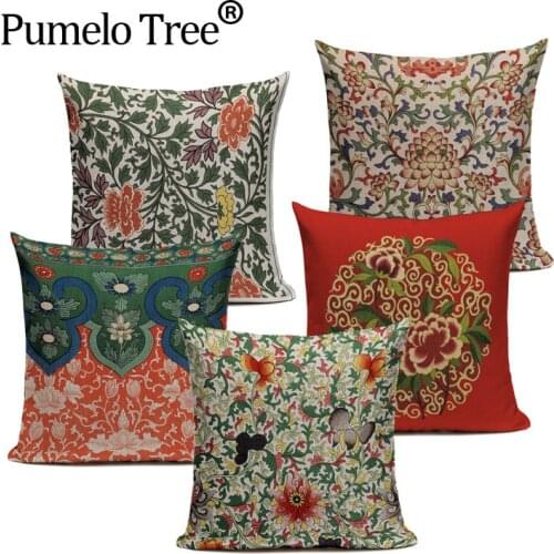 Vintage Rustic Decorative Cushioncovers Colorful Print Cushions Chinese Style Linen Throw Pillow Case Sofa Seat Homedecor Custom