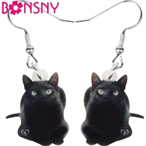 Bonsny Acrylic Black Bombay Cat Earrings Cute Kitten Pet Animal Dangle Drop Jewelry For Women Kid Girls Classic Gift Decoration