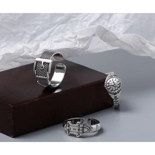 Morivovog 925 Sterling Silver Belt Buckle Clock Rings for Women Vintage Do The Old Japan Korea Open Rings Punk Jewelry Bijoux
