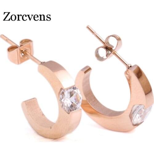 ZORCVENS 2020 Fashion Rose Gold Color Stainless Steel AAA Zircon Stud Earrings for Women Jewelry