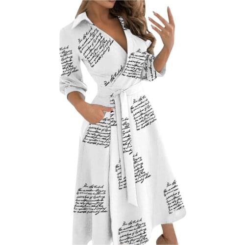 Fashion 2021 Printed Three Quarter Sleeve Dresses Elegant Women Bandage Turn-down Collar Midi Dress High Street V-neck Sundress