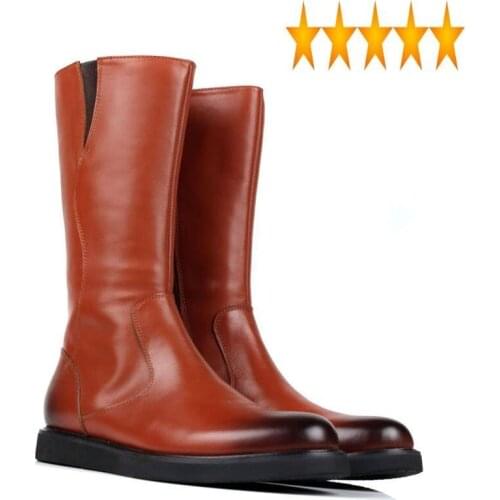 Winter Knee High Mens Zipper Flats Motor Biker Shoes Male Luxury Genuine Leather Military Boots Army Comat Footwear