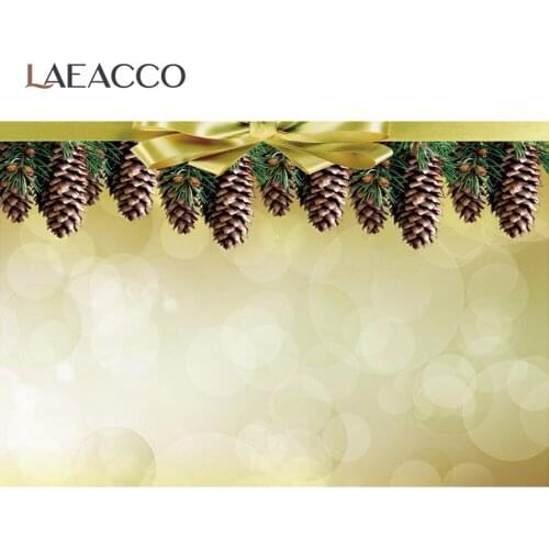 Winter Christmas Background For Photography Pine Branches Golden Bow Tie Light Pet Family Portrait Shoot Party Photo Backdrop