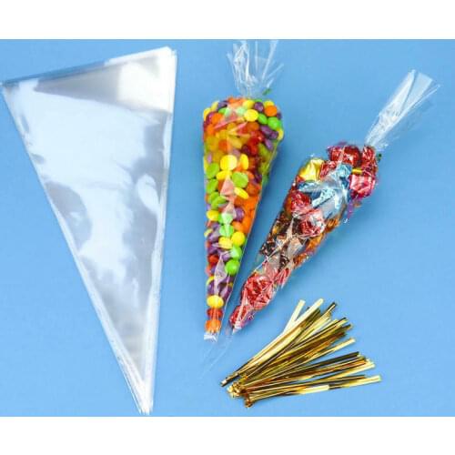 100pcs Clear Cellophane Cone Bags Twist Ties Large size Party Sweet Cello Candy