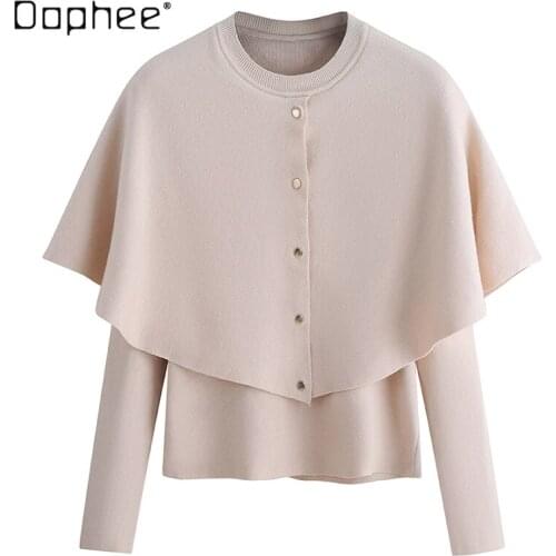 2021 Autumn and Winter New Sweet Lotus Leaf Cloak Fake Two Pieces Pullover Slim Fit Outerwear Sweater Top Women