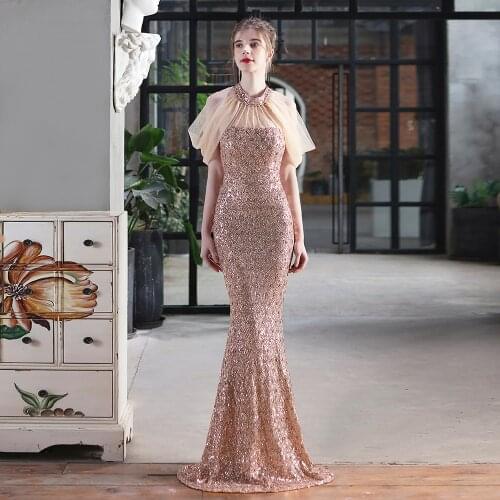 2022 LYABKA Elegant Rose Gold Sequin Evening Dress Women Party Bodycon Maxi Dress HALTER Neck Mermaid Evening Dresses Long