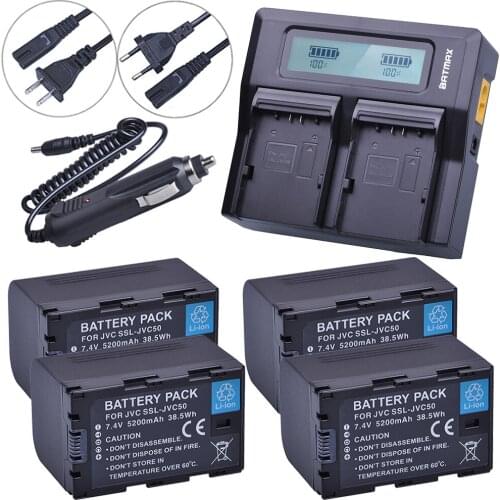 4Pcs 5200mAh SSLJVC50 SSL-JVC50 JVC50 Battery + LCD Rapid Dual Charger for JVC GY-HM600 GY-HM650 GY-LS300 GY-HMQ10 Camcorders