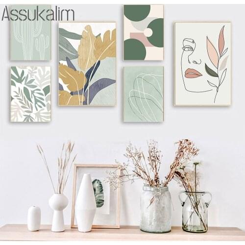 Abstract Line Face Canvas Art Print Green Plant Leaves Poster Cactus Painting Nordic Wall Pictures For Living Room Decoration