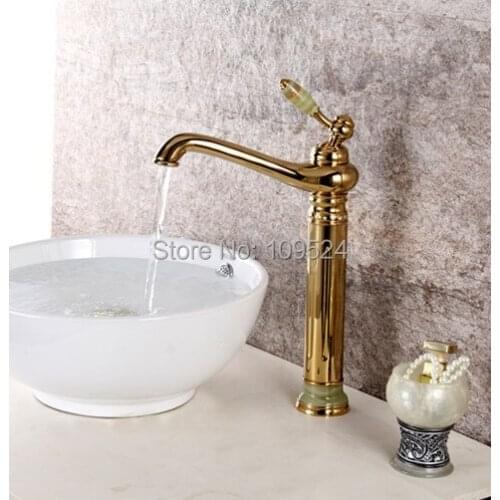 Free shipping Gold PVD clour single hole Bathroom tall Vessel sink crystal faucet mixer tap