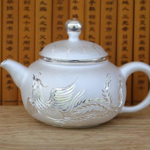 Pure Silver Kettle Small Tea Pot Handmade Sterling Matte Dragon Phoenix Pattern Top Grade Gift