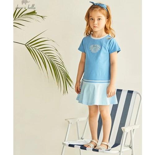 DKH17108 dave bella summer girls 5Y-13Y fashion cartoon solid draped dress children sweet dress kids infant lolita clothes