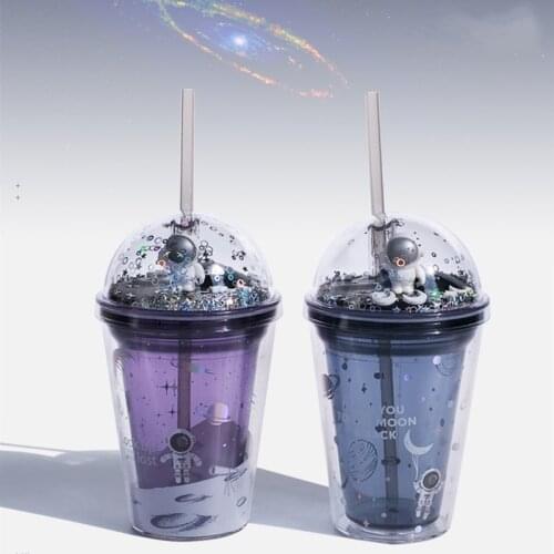 Space Wandering Double Layer Straw Cup BPA Free Plastic Cups with Straw Kawai Cup Water Bottle for Home Office Travel 380ml