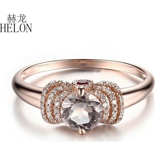 HELON Solid 14K Rose Gold Flawless 6mm Round 1.0CT Morganite Diamonds Ruby Engagement Wedding Ring Dreamlike Glamorous Jewelry