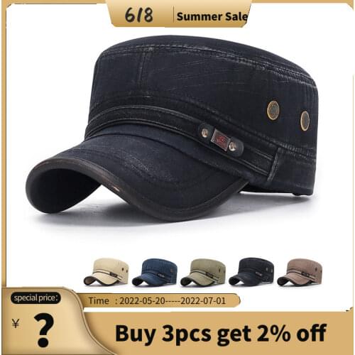 Classic Vintage Washed Cotton Military Caps Flat Top Mens Adjustable Fitted Thicker Cap Sunshade Ear Caps Winter Warm Hat