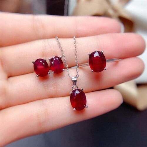 S925 sterling silver rose gold plated Handling Ruby set ring pendant necklace earrings womens jewelry wedding gift