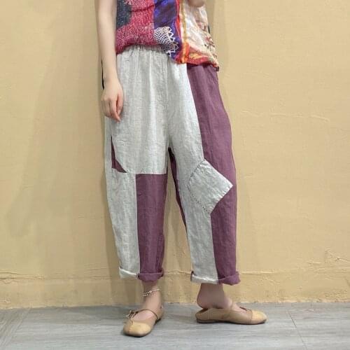 Women Patchwork Elastic Waist Linen Pants Ladies Spliced Summer Flax Pants Female 2021 Loose Trousers