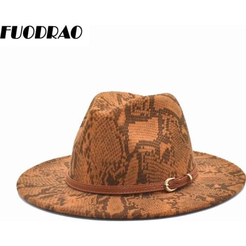 FUODRAO New Autumn Women Fedora Hats Fashion Snake Print Wool Panama Belt Wide Brim Jazz Cap Unisex Travel Cowboy Hat F135