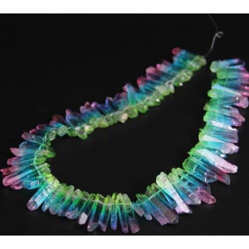 New! 15.5"/strand Light Rainbow Raw Crystal Quartz Top Drilled Point Beads,Green&Blue&Pink Crystal Stick Pendants Jewelry Making