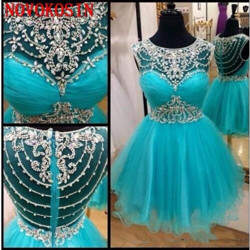 2019 Sample New Crew Neck Blue Tulle Mini Homecoming Dresses Ruffle Beaded Crystal Party Short Graduation Cocktail Prom Dresses