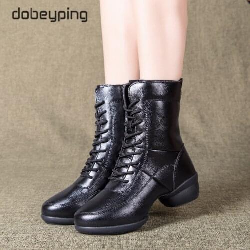 New Women Warm Boots Genuine Leather Autumn Winter Shoes Woman Round Toe Zip Womens Boots Low Heel Mid-Calf Female Dance Shoe