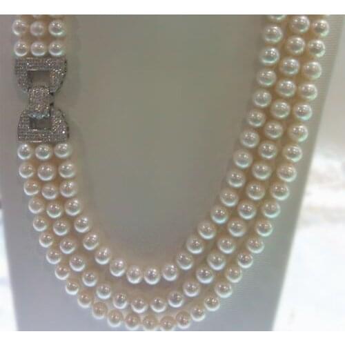 Charming High Quality 3rows Natural 9-10mm White Freshwater Pearl Necklace