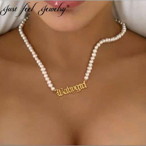 JUST FEEL Punk Hip Hop Metal Babygirl letters Pendant Necklaces Adjustable Pearl Choker Necklace Fashion Engagement Jewelry Gift