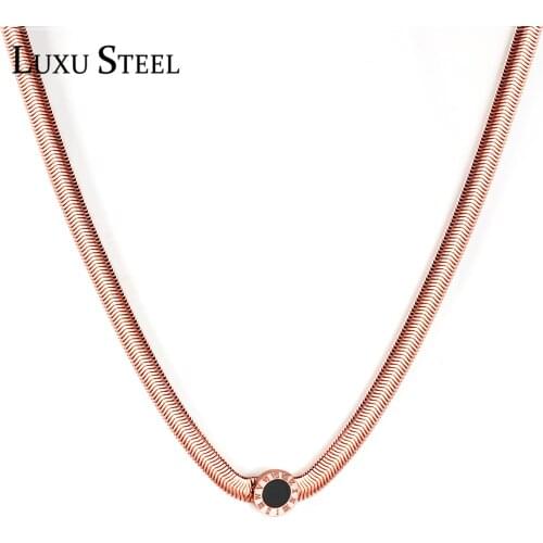 LUXUSTEEL Hiphop Jewelry 6mm Width 40cm+5cm Rose Gold Snake Chains Necklace New Round Roman Numberal Pendants Collars Chokers