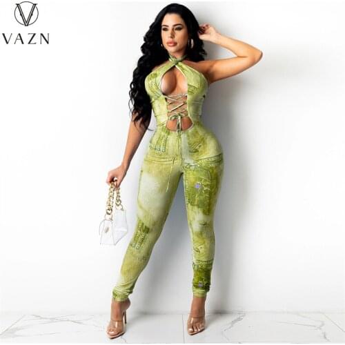 VAZN 2021 INS High Street Hollow Out Sexy Sleeveless Backless Young Fancy Designer Women Slim Long Pnecil Jumpsuits