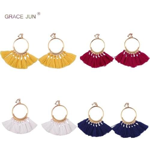 GRACE JUN High-grade Bohemian Long Tassel Clip on Earrings No Pierced for Women Fashion Gold Color Ethnic No Ear Hole Earrings