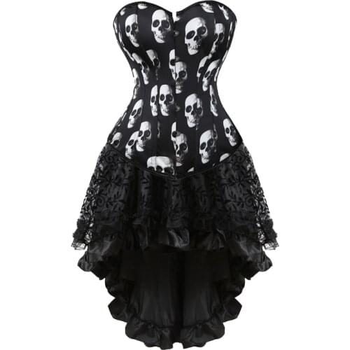 Sapubonva Corset Dress Bustier Skull Skirts Top Set Sexy Women Gothic Victorian Lolita Costume Vintage Lingerie Lace Plus Size
