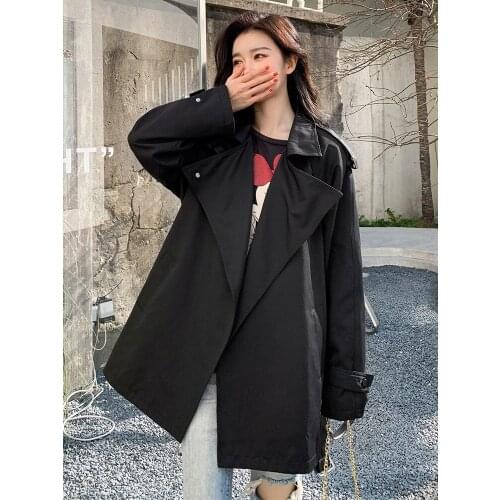 Womens Windbreaker Spring Autumn New Korean Fashion Loose Solid Color High-quality Double-breasted Long Sleeve Feminine Coat085