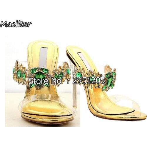 Female Summer Slip On Sandals Slipper Women Rhinestone Stiletto High heel Clear Transparent Crystal Party Shoes Woman Flip Flops