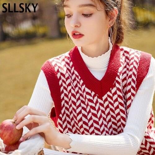 Sllsky Argyle Plaid Women Sweater Vest V-Neck Short Vintage Knitted Pullover Vest Soft Korean style Loose Sleeveless tank Tops