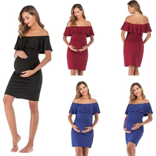 Womens Ruffle Off Shoulder Maternity Dress Women Dress Ruffles Pregnancy Clothes Ruched Sides Knee Length Bodycon Dresses DS29