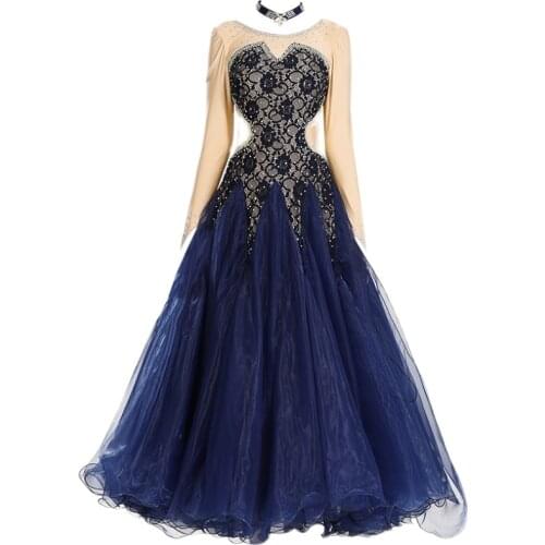 Customized Lace Spliced Boat Neck Long Sleeves Women Ballroom Dance Competition Dress Waltz Tango Dress Waltz Dance Clothes