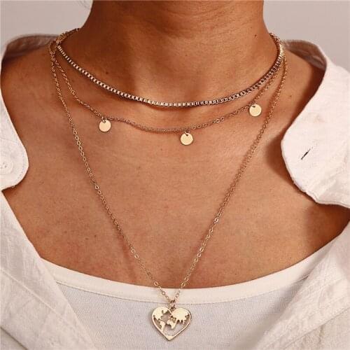 Vintage Women Necklace Multilayer Small Circle Piece Heart-shaped Hollow Map Pendant Clavicle Chain Necklaces Women Jewelry Gift
