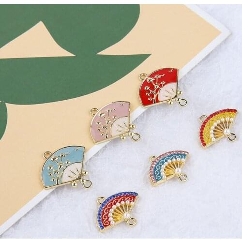 10pcs Chinese Style womens Earrings Alloy Drip Oil Fan Pendant Pearl Earrings For Women Material Handmade Jewelry Accessories