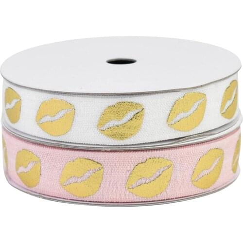 100yards 5/8"16mm Gold foil lips lip printed FOE fold over elastic ribbon for Valentine wedding welcome custom printed
