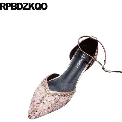 Diamond ankle strap pointed toe sequin rhinestone crystal glitter women dress shoes wedding sandals sparkling designer pink