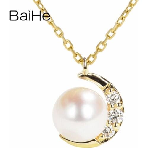 BAIHE Solid 18K Yellow Gold 5mm Natural Freshwater Pearl Women Wedding Fine Jewelry Gift Beautiful Moon Pearl Diamond Necklaces