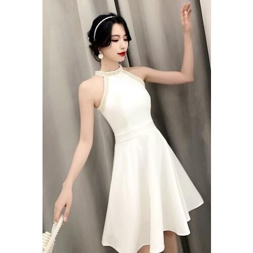 White Evening Dress 2020 New Style Birthday Party Dress Sexy High Neck Beading Knee Length Formal Dress Haute Couture