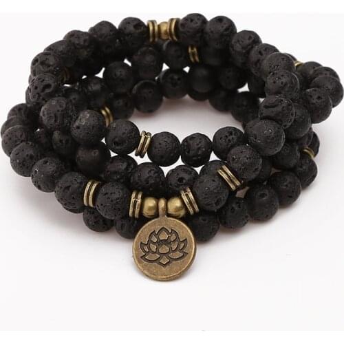 108 Beads Buddha Lotus Mala Bracelet for Women Men 8 mm Lava Rock Stone Strand Charm Bracelet or Necklace Fashion Jewelry